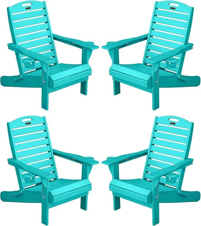 Adirondack Chairs Set of 4, Outdoor Fire Pit Chairs, HDPE All-Weather Adirondack Chairs with Cup Holder, Lawn Chair for Deck, Patio, Garden (Lakeblue) by GreenHaven Gardens