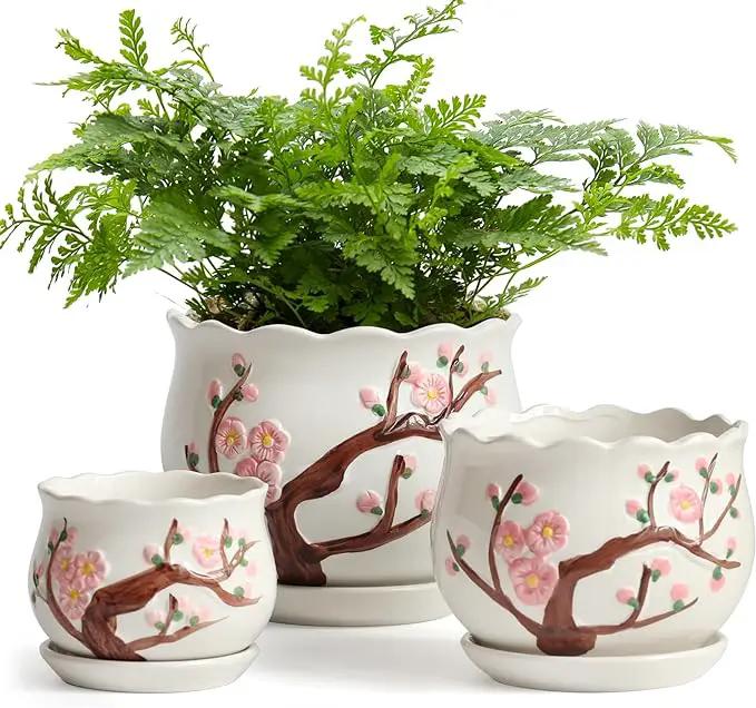 Ceramic Plant Pots with Drainage Holes and Saucers, Round Flower Pots for Indoor Plant, 3.9/5.2/6.7 Inches Small Flower Planters Set of 3 by GreenHaven Gardens