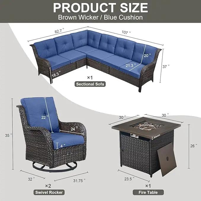 Outdoor Sectional Sofa Furniture Set with Propane Fire Pit Table, Wicker Patio Conversation Set with 2 Swivel Glider Rocker Chairs Blue Cushion Perfect for Backyard Casual Gathering by GreenHaven Gardens