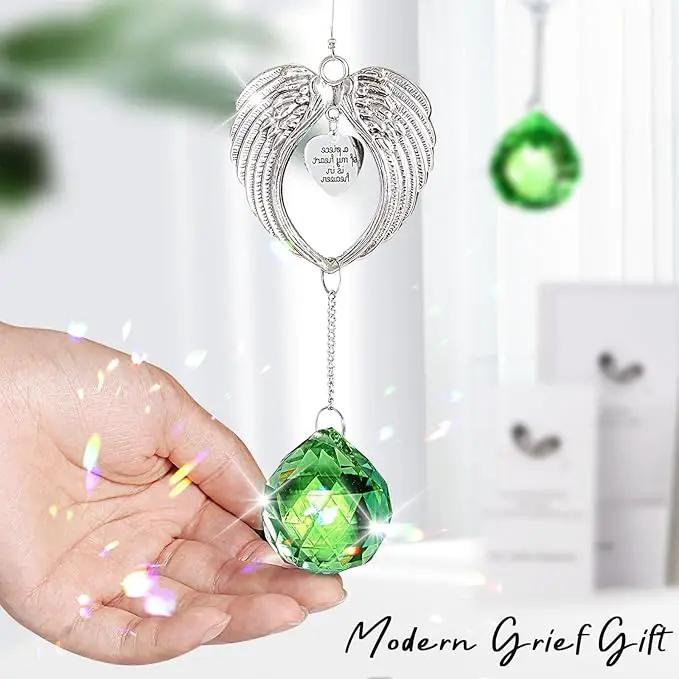 Sympathy Gift Modern Grief Gift for Lose of Loved Ones, Memorial Suncatcher with 40mm Crystal Ball, Sorry for Your Lose Rainbow Maker, Bereavement Gift Idea Angel Wings Design, Green by GreenHaven Gardens