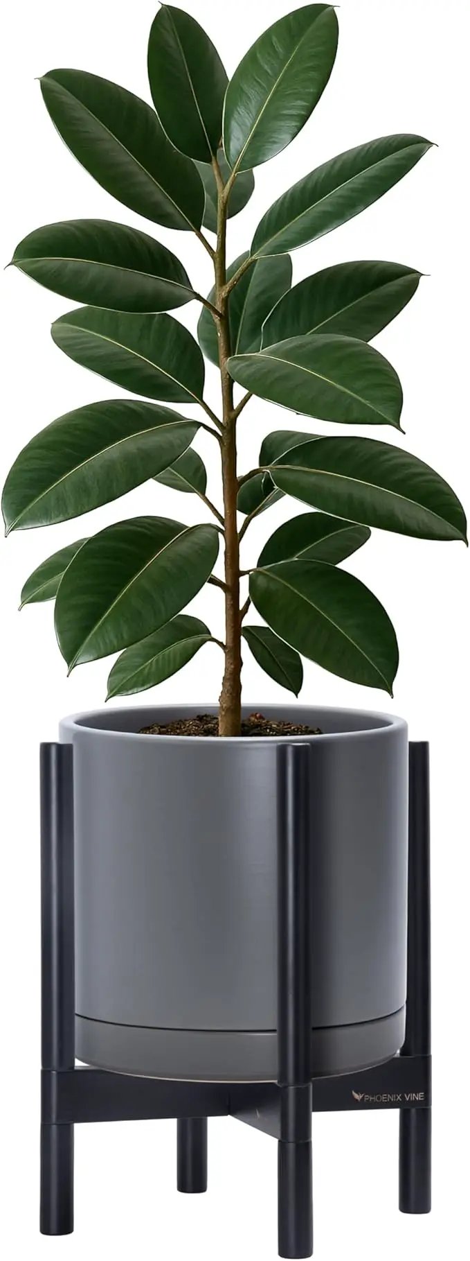 D'vine Dev Ceramic Planter with Ebony Stand - 12 Inch Modern Round Flower Pot with Wood Planter Holder, Grey, 55-B-H-3 by GreenHaven Gardens
