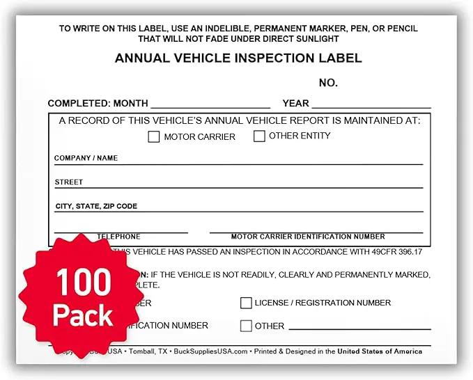 100 Pack Buck Annual Vehicle Inspection Label, 2-Ply Adhesive Vinyl with Mylar Laminate, FMCSA & DOT Compliant, Weatherproof, Tear Resistant, Easy to Write On, 5" x 4" - Made in USA by GreenHaven Gardens