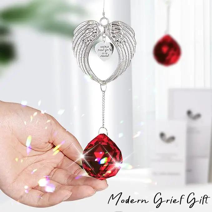 Sympathy Gift Modern Grief Gift for Lose of Loved Ones, Memorial Suncatcher with 40mm Crystal Ball, Sorry for Your Lose Rainbow Maker, Bereavement Gift Idea Angel Wings Design, Red by GreenHaven Gardens