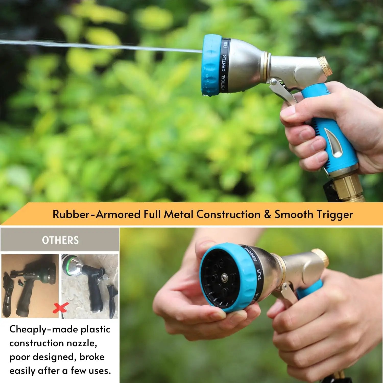HOSUN Garden Hose Nozzle Sprayer Heavy Duty, 100% Metal Water Hose Nozzle with 8 Spray Patterns, High Pressure Hose Spray Nozzle with Non-Slip Grip for Watering Plant & Lawn, Washing Car & Pet, Blue by GreenHaven Gardens