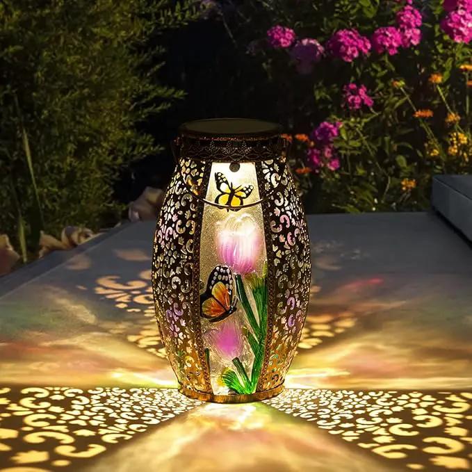 Solar Lanterns Outdoor Hanging Light - Solar Powered LED Butterfly Glass Lights Decorative Waterproof Tabletop Lampwith Hollowed-Out Design for Indoor Yard Table Patio Garden Pathway Holiday by GreenHaven Gardens