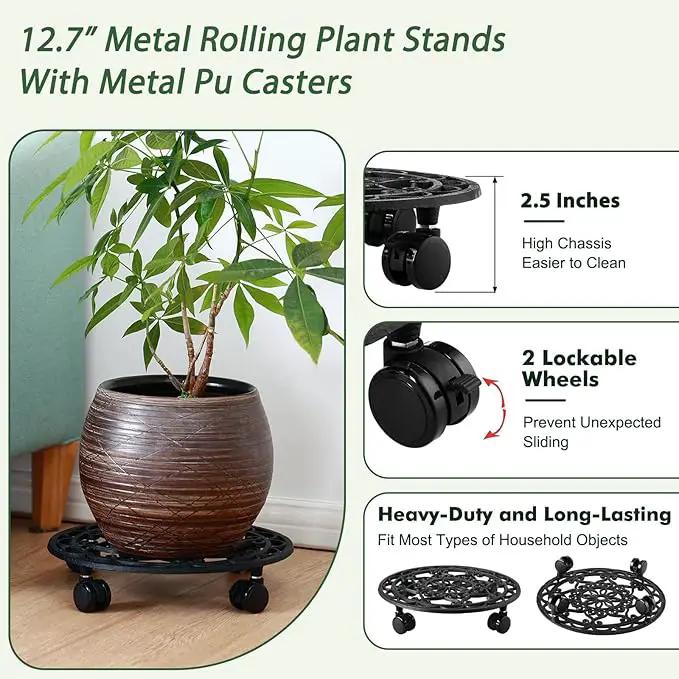 2 Packs Rolling Plant Stand with Wheels Metal Plant Caddy with Wheels Heavy Duty 13'' Round Plant Stand Indoor Iron Plants Rollers for Plants, Plant Dolly with Plant Saucers by GreenHaven Gardens