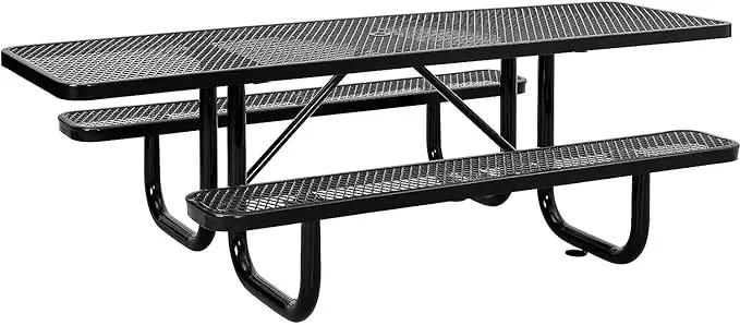 Global Industrial 8'L Rectangular Picnic Table, ADA Compliant, Expanded Metal, Black Thermoplastic Coating, Attached Benches, 1-1/2” Umbrella Pole Hole, Outdoor-Rated by GreenHaven Gardens
