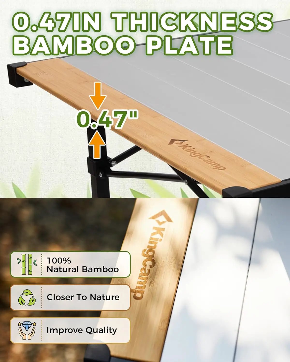 KingCamp Folding Camping Table, Aluminum Roll-Up Camp Table, Large Foldable Table for 2-4 Person, Outdoor Portable Tables with Carry Bag, 180 LBS Heavy Duty Load (Bamboo：40.16“x27.5”，2-4 People) by GreenHaven Gardens