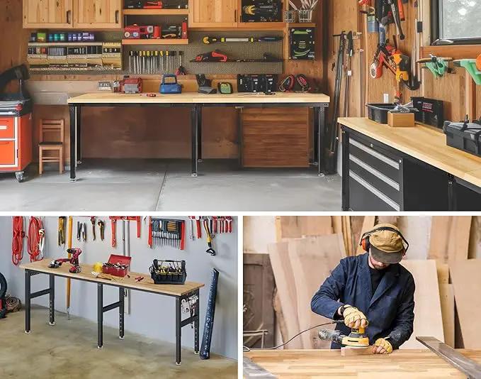 96”Adjustable Work Bench, 5000 LBS Capacity Heavy Duty Workbench with Power Outlet & Pegboard, Rubber Wood Work Table for Garage, Workshop, Office, Home by GreenHaven Gardens