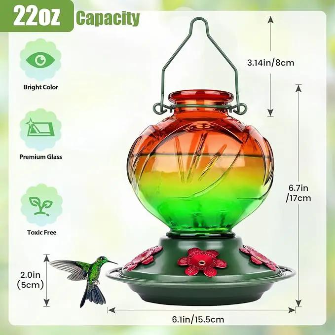 BOLITE Hummingbird Feeder, Glass Hummingbird Feeders for Outdoors Hanging, 22 Ounce, Five Feeding Ports with Perch, Peony Flower Shape, Orange and Green, Gifts for Women Men, Gifts for Mom Dad by GreenHaven Gardens