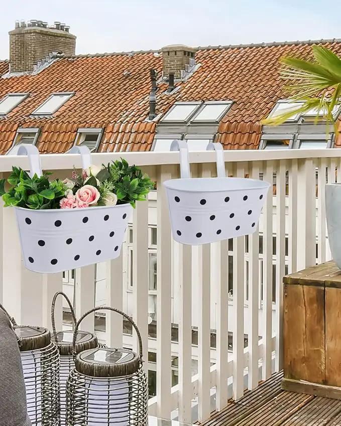 vensovo Metal Railing Planter for Outdoor Plants - 3 Pack Balcony Hanging Flower Pots with Detachable Hooks and Drain Holes Oval Bucket Rail Box Fence Planters for Home Garden Decor, White with Spot by GreenHaven Gardens