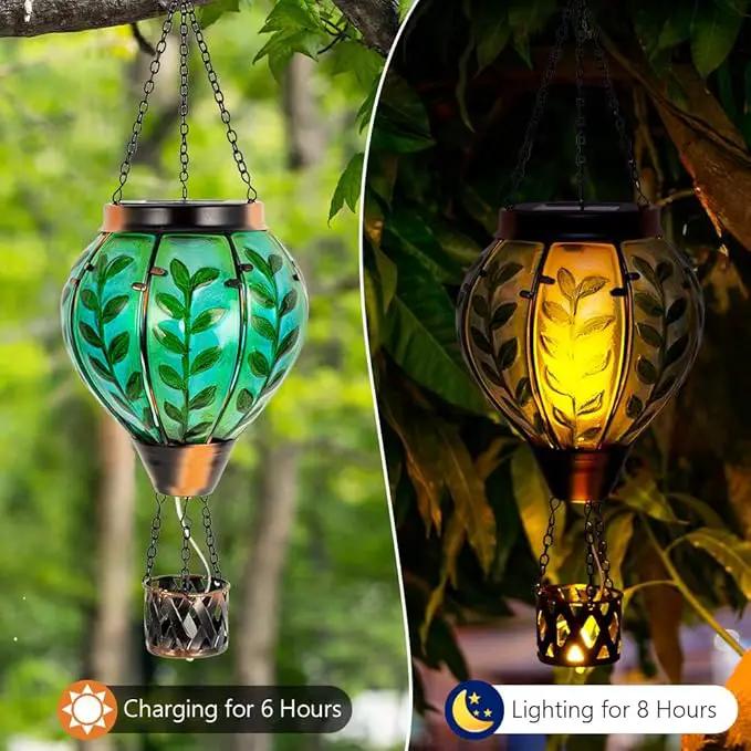 Green Leaf Hot Air Balloon Solar Lantern with Flickering Flame Light,Glass Hanging Solar Lanterns Outdoor Waterproof Hot Air Balloon Decor for Patio Party Yard Tree,Garden Gifts for Women Mom by GreenHaven Gardens