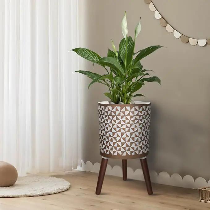 10 Inches Plant Pots with Wood Stand Large Modern Standing Planters for Indoor Mid Century Flower Pot with Drainage Holes Big White & Gold Planters for Living Room, Office, Garden or Balcony by GreenHaven Gardens