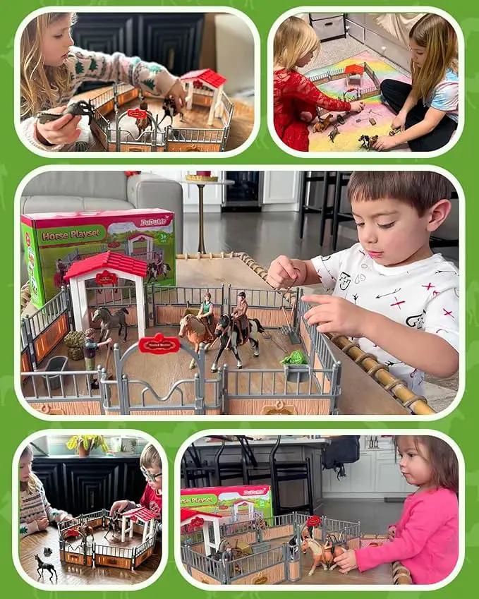 Horse Stable Playset, Horse Gifts for Girls and Boys with 3 Horses and 2 Riders, Horse Toys Set Farm Animals Toys for Kids 3 4 5 6 7 8+ (Horse Playset 1) by GreenHaven Gardens