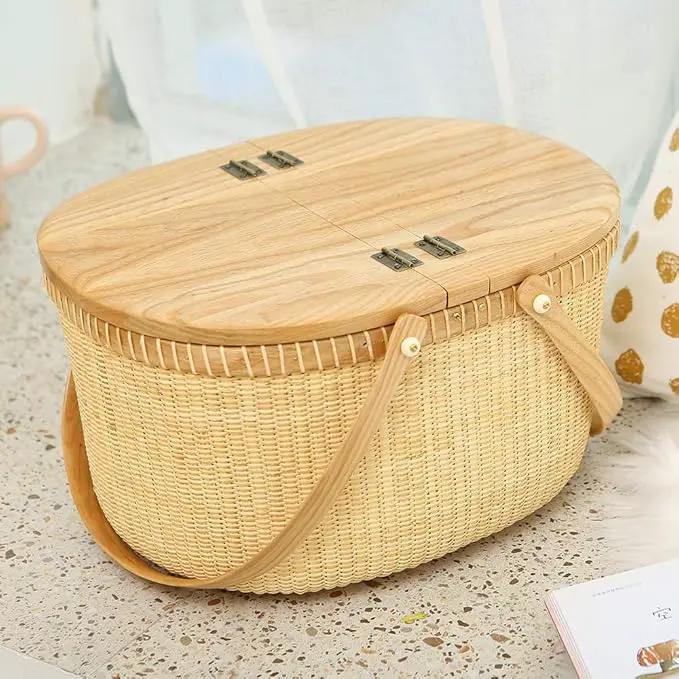 Nantucket Basket Crafts Cane-on-Cane Weave Picnic Basket Shopping Basket Basket Storage Basket Two Swing Handles (Ash Activity Double Open) by GreenHaven Gardens