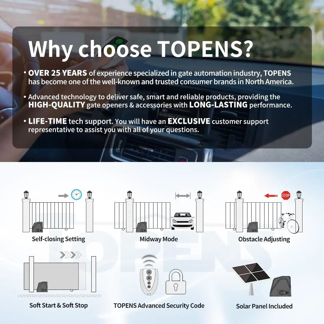 TOPENS DKR1100ST Solar Sliding Gate Opener Rack Drive Automatic Gate Motor for Heavy Driveway Slide Gates Up to 2600 Pounds, Electric Gate Operator Battery Powered with Solar Panel Remote Control Kit by GreenHaven Gardens