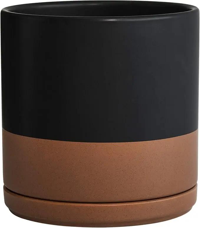 D'vine Dev 8 Inch Ceramic Planter Pot with Drainage Hole and Saucer, Indoor Cylinder Round Planter Pot, Black/Speckled Tan, 94-O-D-7 by GreenHaven Gardens