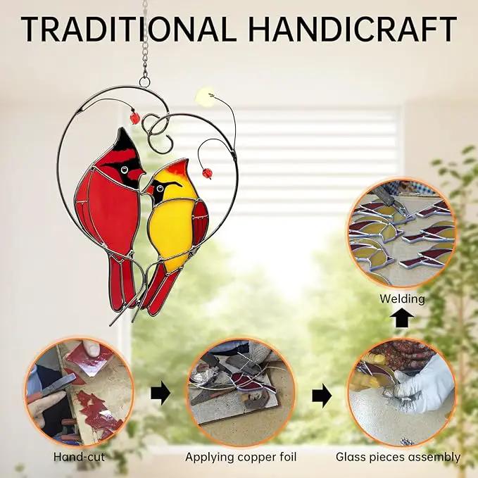 Cardinal Suncatchers Stained Glass for Windows Hangings,Male & Female Cardinal Stained Glass Sun Catchers,Stained Glass Red Love Birds Home Ornament,Gifts for Women by GreenHaven Gardens