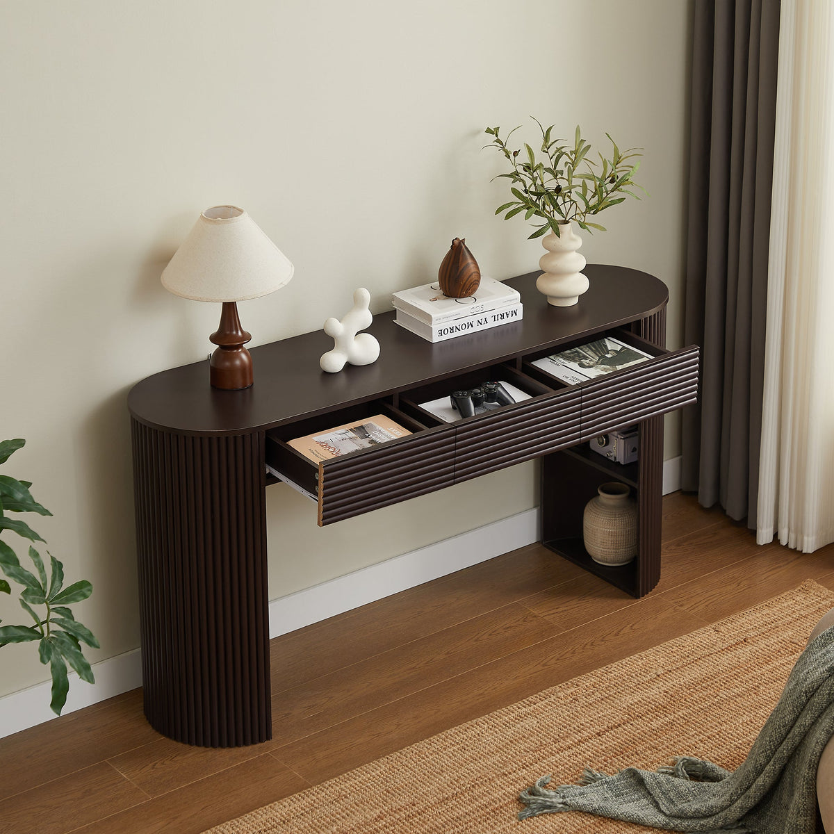 Retro Console Table with Storage and 3 Drawers - Espresso or Natural, photo 7 of 10