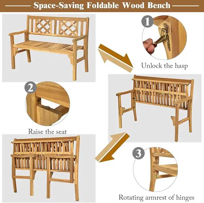 Giantex 4 Ft Foldable Outdoor Bench, Acacia Wood Outside Loveseat with Curved Backrest and Armrest, 705Lbs Weight Capacity, Garden Bench for Patio, Park, Porch, Balcony by GreenHaven Gardens