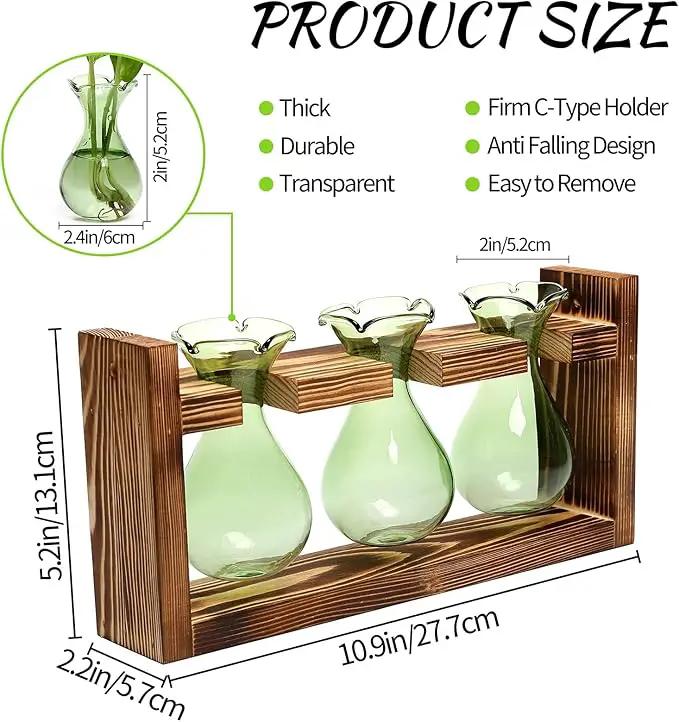 Plant Propagation Station Plant Terrarium Unique Birthday Gifts for Women Plant Lovers Home Office Decor Planter with Wooden Stand - 3 Bulb Glass Vase by GreenHaven Gardens