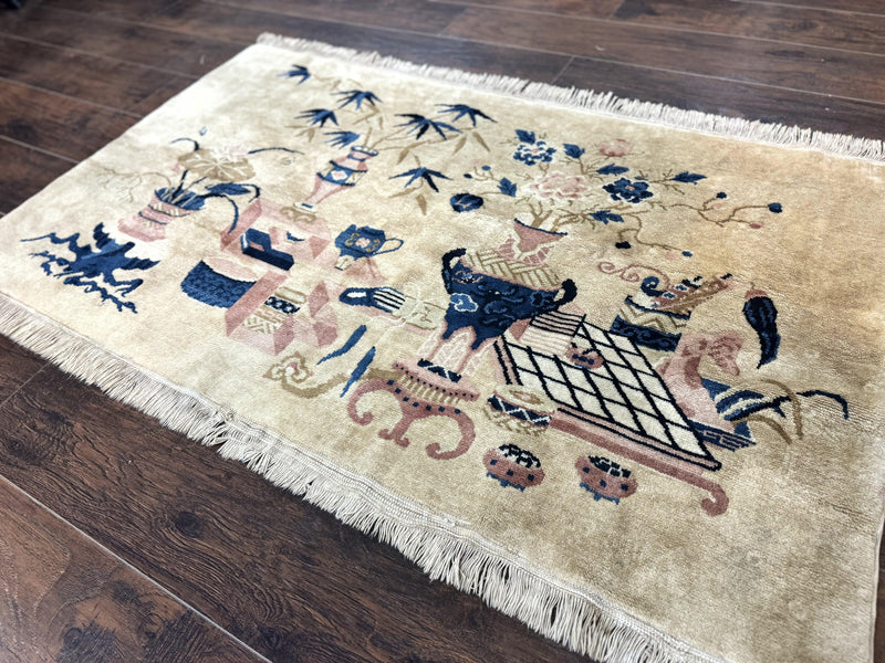 Chinese Rug 5x3, Horizontal Rug, Vases Flowers, Handmade Antique Vintage Carpet, Peking Rug, Chinese Wool Rug by Jewel Rugs