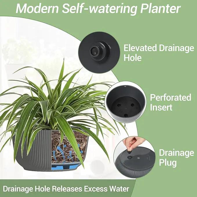 T4U 10 Inch Hanging Planters for Indoor Outdoor Plants, Hanging Plant Pot Pack of 2, Self Watering Hanging Pots with Drainage Hole & Plug & Chain with 3 Hooks for Garden Home Decor, Grey by GreenHaven Gardens