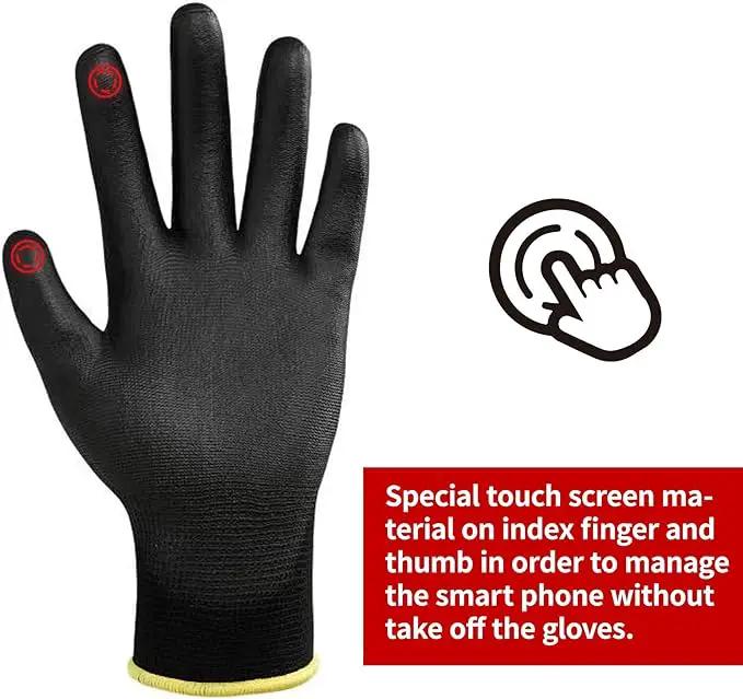 DULFINE Safety Work Gloves PU Coated for Men and Women-12 Pairs,Black Seamless Knit Glove with Two Fingers Touchscreen,Ideal for General Duty Work (Medium) by GreenHaven Gardens