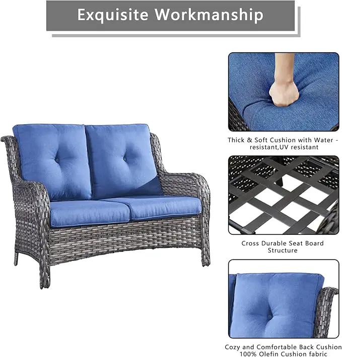 Outdoor Wicker Patio Furniture Set - 6 Piece Rattan Patio Conversation Set with 2 Rocking Swivel Chairs,2 Ottomans,1 Loveseat and 1 Coffee Table for Porch Deck Backyard Garden(Mixed Grey/Blue) by GreenHaven Gardens