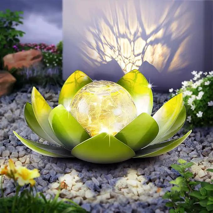 Huaxu Solar Lights Outdoor Garden Decoration Crackle Globe Glass Waterproof LED Metal Green Lotus Flowers Gift for Mom,Women,Patio,Lawn,Walkway,Tabletop,Ground by GreenHaven Gardens