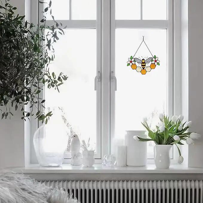 Bee Decor Stained Glass Window Hanging,Honeybee Honeycomb with Flowers Suncatcher for Window,Wall Art Ornaments,Birthday Gifts for Women,Friends,Housewarming Gift by GreenHaven Gardens