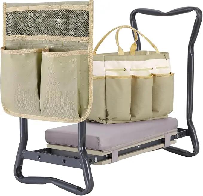 Ohuhu Upgraded Garden Kneeler and Seat 2-in-1 Foldable Gardening Stool with Detachable Soft Kneeling Pad, Garden Bench Heavy Duty with Large Tools Bag and Pouch, Gifts for Women Men Seniors Gardener by GreenHaven Gardens