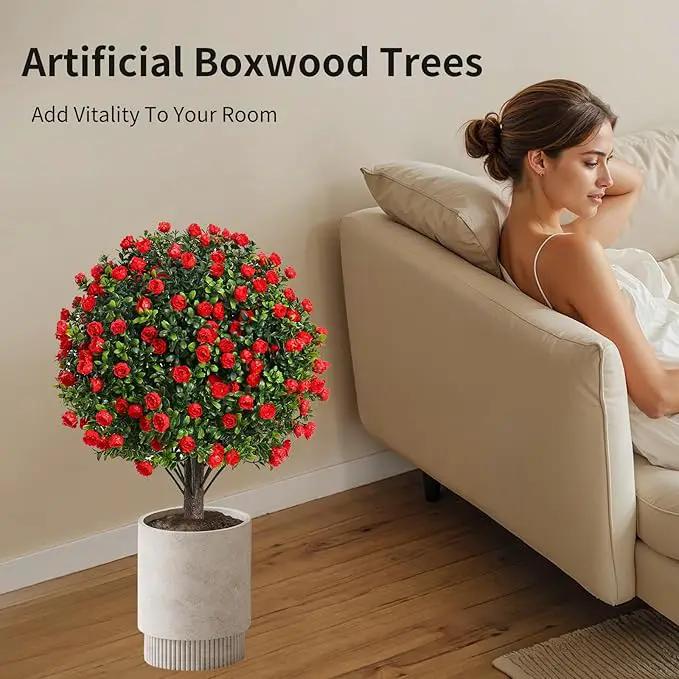 Artificial Rose Topiary Trees, 17 Inch UV-Resistant Red Flowers, Set of 2 with Ground Stakes, Indoor Outdoor Decorative Plants by GreenHaven Gardens