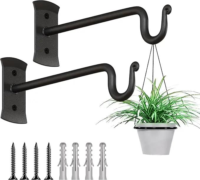 RTZEN Plant Hangers Outdoor or Indoor - Wrought Iron Metal Hanger Indoor Hook - Heavy Duty Wall Bracket Hooks for Hanging Plants Baskets Lanterns Wind Chimes - 2 Pack (Black Shepherds Hooks) by GreenHaven Gardens