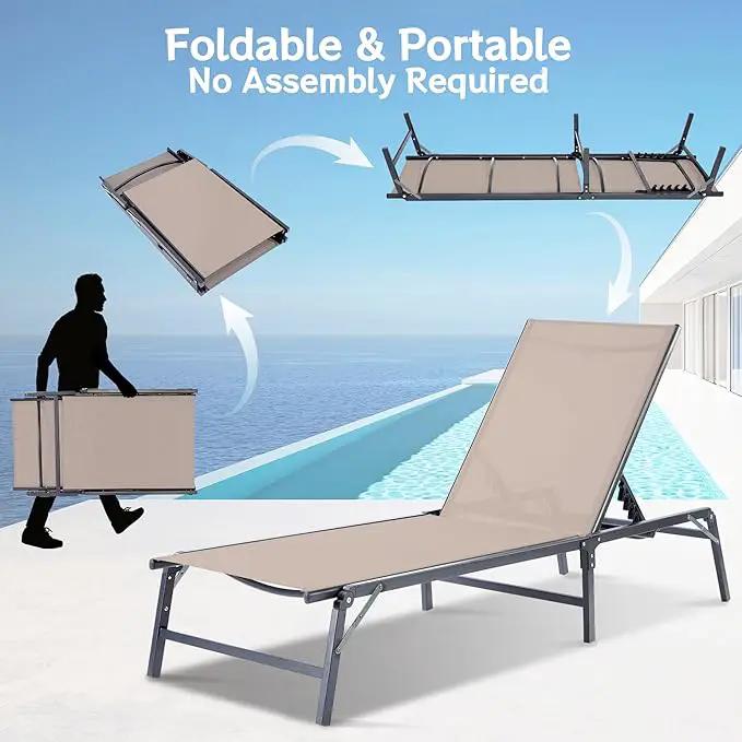 Outdoor Chaise Lounge Chair Set of 2, Foldable & Assemble-Free, 6 Adjustable Positions, Durable Rust-Resistant Frame, Portable Outdoor Pool Lounge Chairs for Pool Patio Beach, Khaki by GreenHaven Gardens