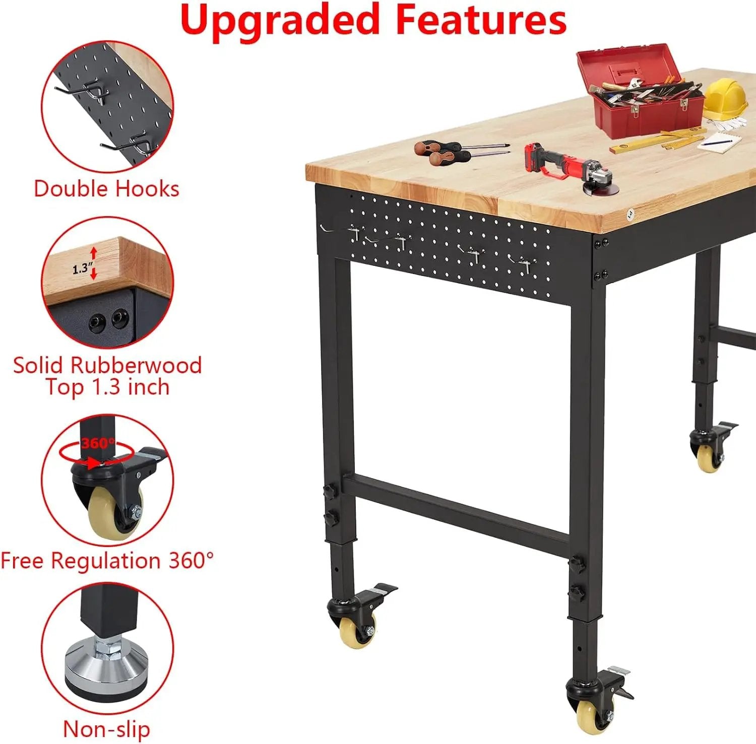 48'' Adjustable Workbench, Heavy Duty Workbench with Power Outlet and Lockable Wheels, 2000 LBS Capacity, Work Table Suitable for Office, Garage, Workshop by GreenHaven Gardens