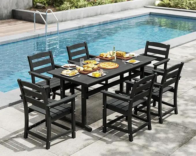 7pcs Outdoor Dining Set, HDPE Patio Dining Set for 6, All-Weather Outdoor Table and Chairs with Umbrella Hole & Adjustable Pads, Modern Patio Furniture Set for Backyard, Poolside &Lawn (Black) by GreenHaven Gardens