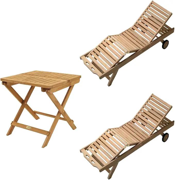 3-Piece Teak Patio Conversation Set with Sun Bed Loungers & 20-Inch Square Folding Picnic Table (P143SPA), Spa Sun Bed Cushions by GreenHaven Gardens