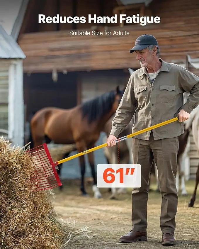 VEVOR Manure Fork, 18 Angled Tines, Horse Manure Rake with Long Fiberglass Handle, 61 in Durable Plastic Pitchfork Muck Rake Tool for Gardening Horse Stall Stable Grass Hay Cleaning Farm Work by GreenHaven Gardens