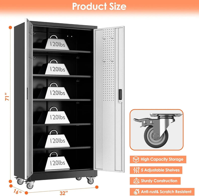 Aobabo 71" H×32" W×16" D Metal Storage Cabinet with Wheels, Garage Steel Storage Cabinet with 5 Adjustable Shelves and 4 Hooks for Home Office,Kitchen, Black Silver,Assembly Required by GreenHaven Gardens