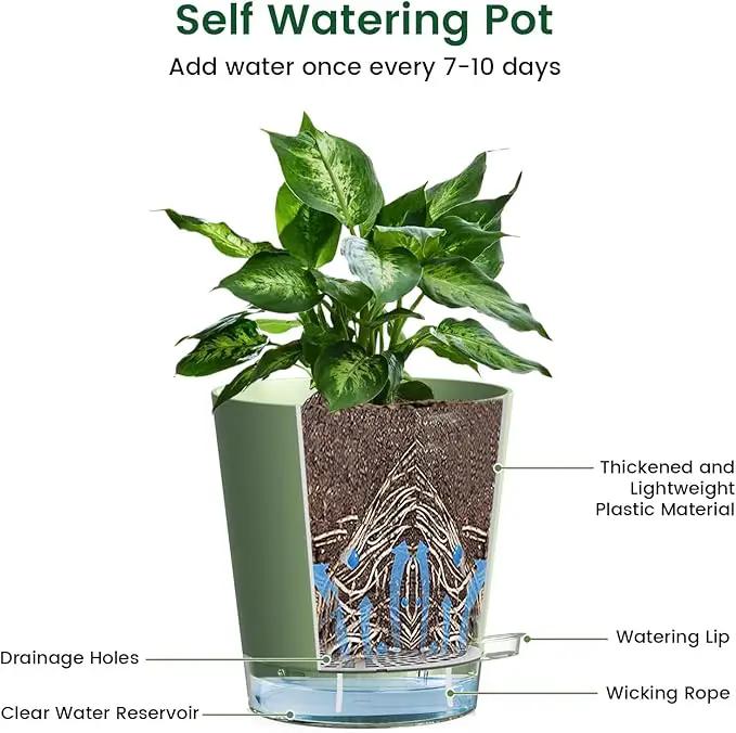 4 inch Self Watering Pots for Indoor Plants, 5 Pack Small Flower Plant Pots with Drainage Holes and Clear Reservoirs, Visible Water Level, Plastic Planters with Wicking Rope, Green by GreenHaven Gardens