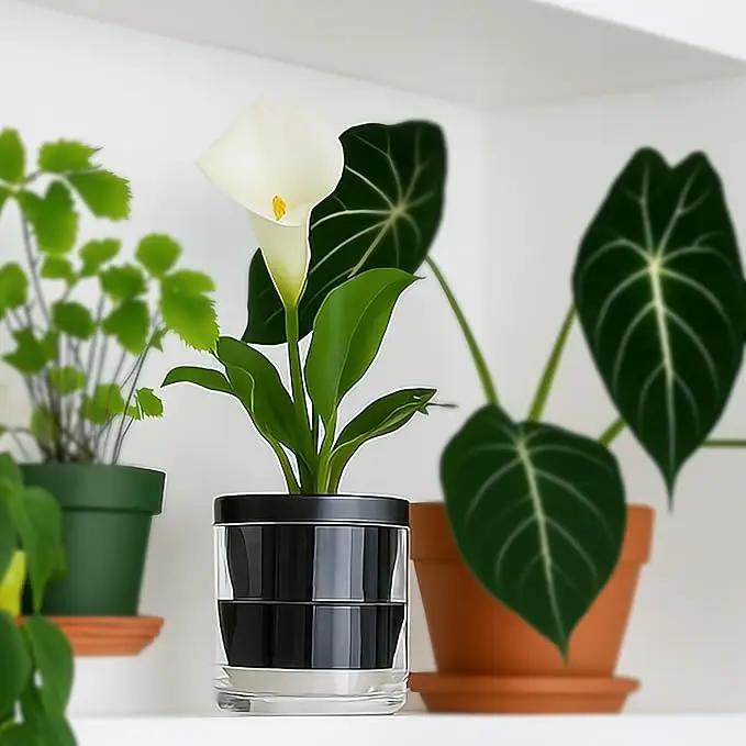D'vine Dev 4 Inch Design Self Watering Planter for Indoor Plants, Black Terracotta Pot with Cylinder Glass Cup, Set of 2, 37-Y-A-3 by GreenHaven Gardens