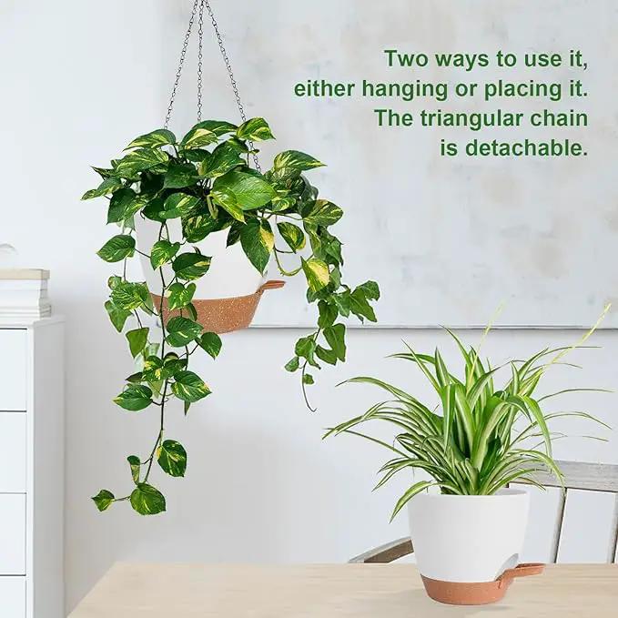 10/9/8 Inch Hanging Planter for Indoor Outdoor Plants, 3 Pack Self-Watering Hanging Pot with Drainage Holes Hanging Planter Baskets Plant Pots with Removable Tray (White+Brown) by GreenHaven Gardens