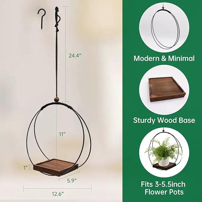 2 Pack Hanging Planters for Indoor Plants, Black Plant Hanger with Sturdy Wood Base, Modern Boho Macrame Hanger, Wall Ceiling Window Planters (Plants/Pots Not Included) by GreenHaven Gardens