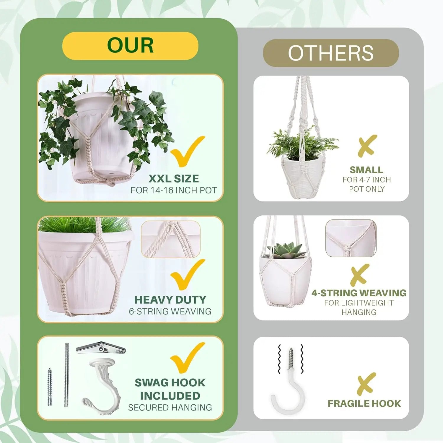 Giant XXL 55 Inches Macrame Planter Hanger Large for 15 inch Pot + Swag Hook | Extra Large Hanging Planter for Indoor Plants | No Pot/Plant Included (XXL Jute) by GreenHaven Gardens