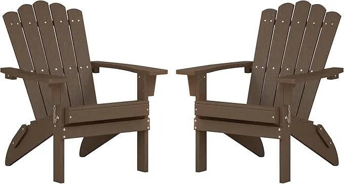 Folding HDPE Adirondack Chair Set of 2, Weather-Resistant Patio Chair with Wide Armrests & High Backrest, Fire Pit Chair for Garden, Backyard, Porch - Coffee by GreenHaven Gardens