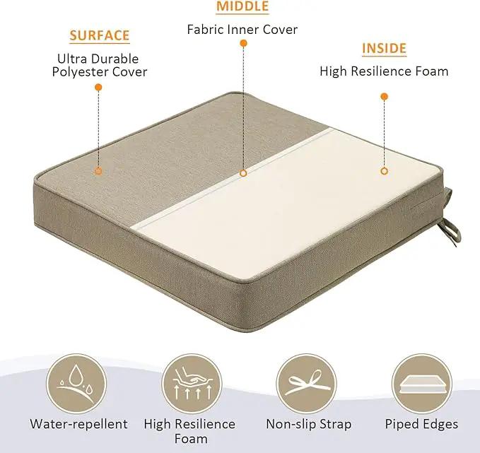 Square Corner Seat Cushions, 19" x 19" x 3", Set of 4, Indoor Outdoor Water Repellent Universal Chair Pads with Ties for Patio Furniture, Garden Deck Dining Chairs, Tan by GreenHaven Gardens