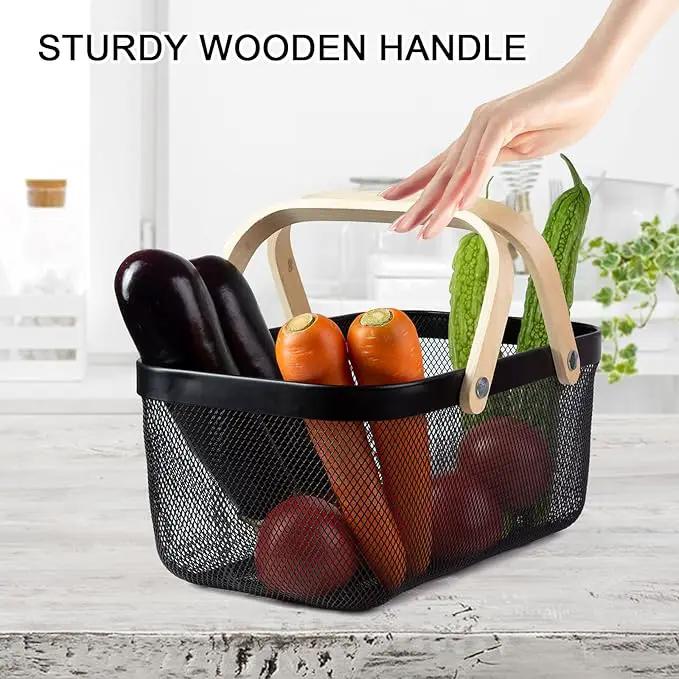 Portable Garden Harvest Basket-Mesh Design Natural Bamboo Handle Wire Storage Baskets,Mesh Basket with Handle Organize Items Reduce Space Occupation,Suitable for Kitchen,Garden,Picnic(Black) by GreenHaven Gardens