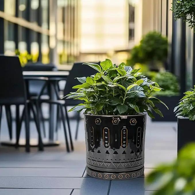 Ceramic Pots for Plants - 12 Inch Large Planter with Drainage Hole and Saucer, Ceramic Flower Pots for Indoor Outdoor, Boho Round Planter, Patio Decor, Gifts for Plant Lover, Black by GreenHaven Gardens