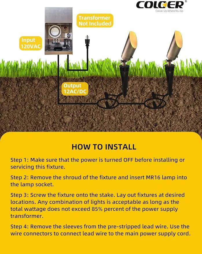 COLOER Brass Landscape Spotlights, 6 Pack Spotlight Fixture Outdoor with 5W Aluminum Housing MR16 LED Bulb 2700K 450LM,12V AC/DC Low Voltage Landscape Lighting,Uplight for Garden and Patio(103B) by GreenHaven Gardens
